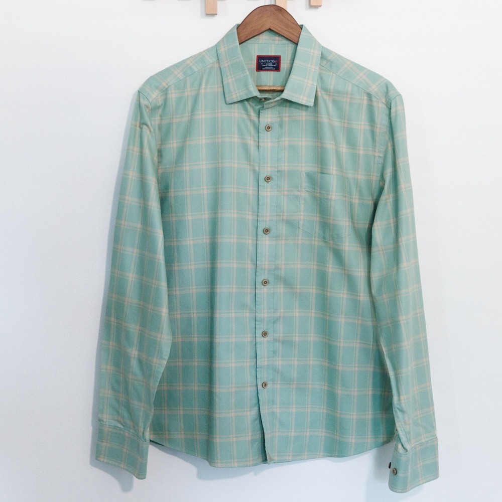 UNTUCKit Colson WF Slim Fit Wrinkle Free Plaid Shirt Green Tan Mens Large